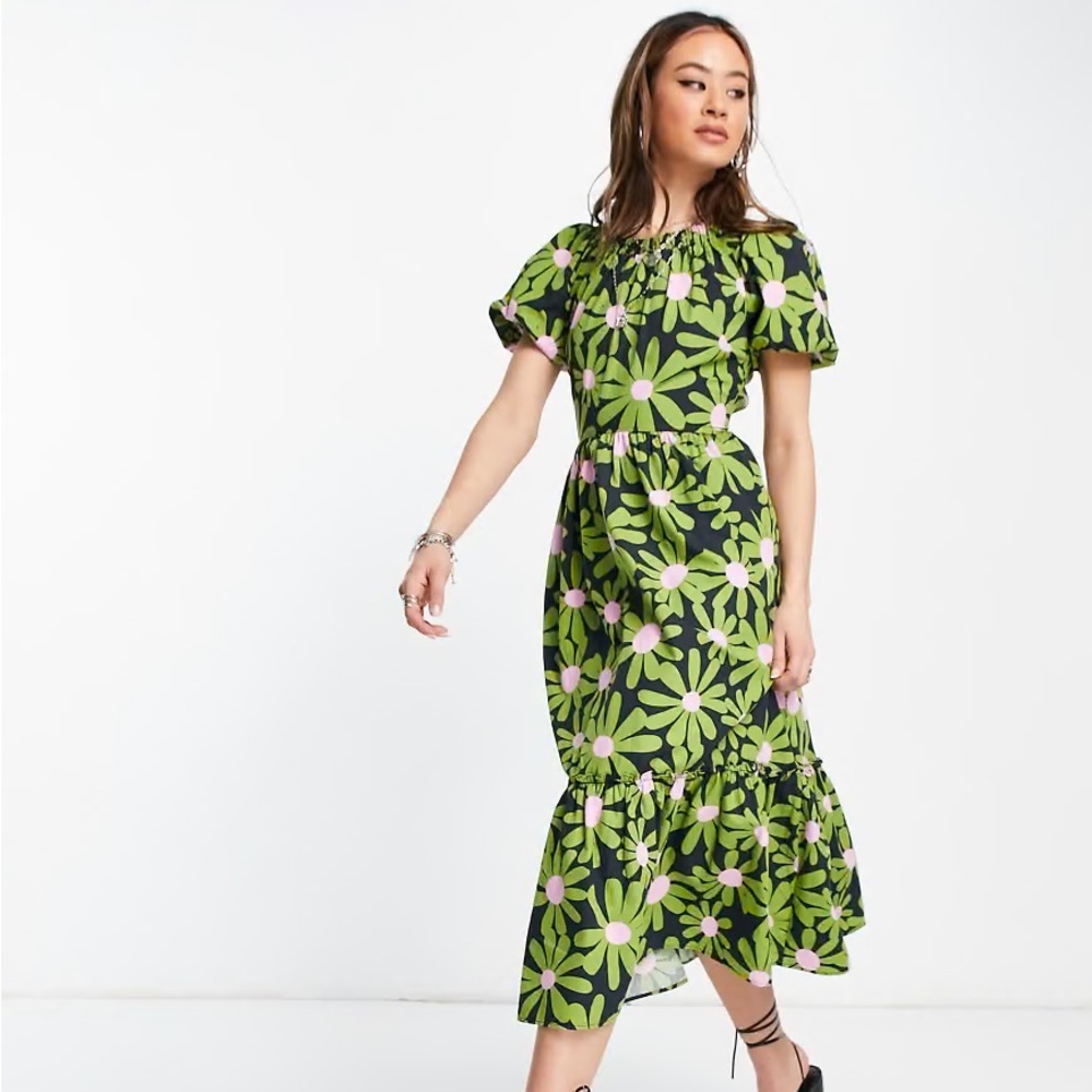 Topshop Dress Puff Sleeve Midi Green Cotton Back Retro Flower Power Floral 18